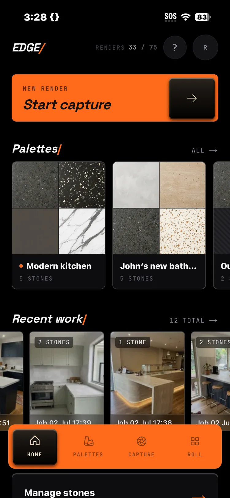 EDGE home screen — Start capture, palettes, and recent work