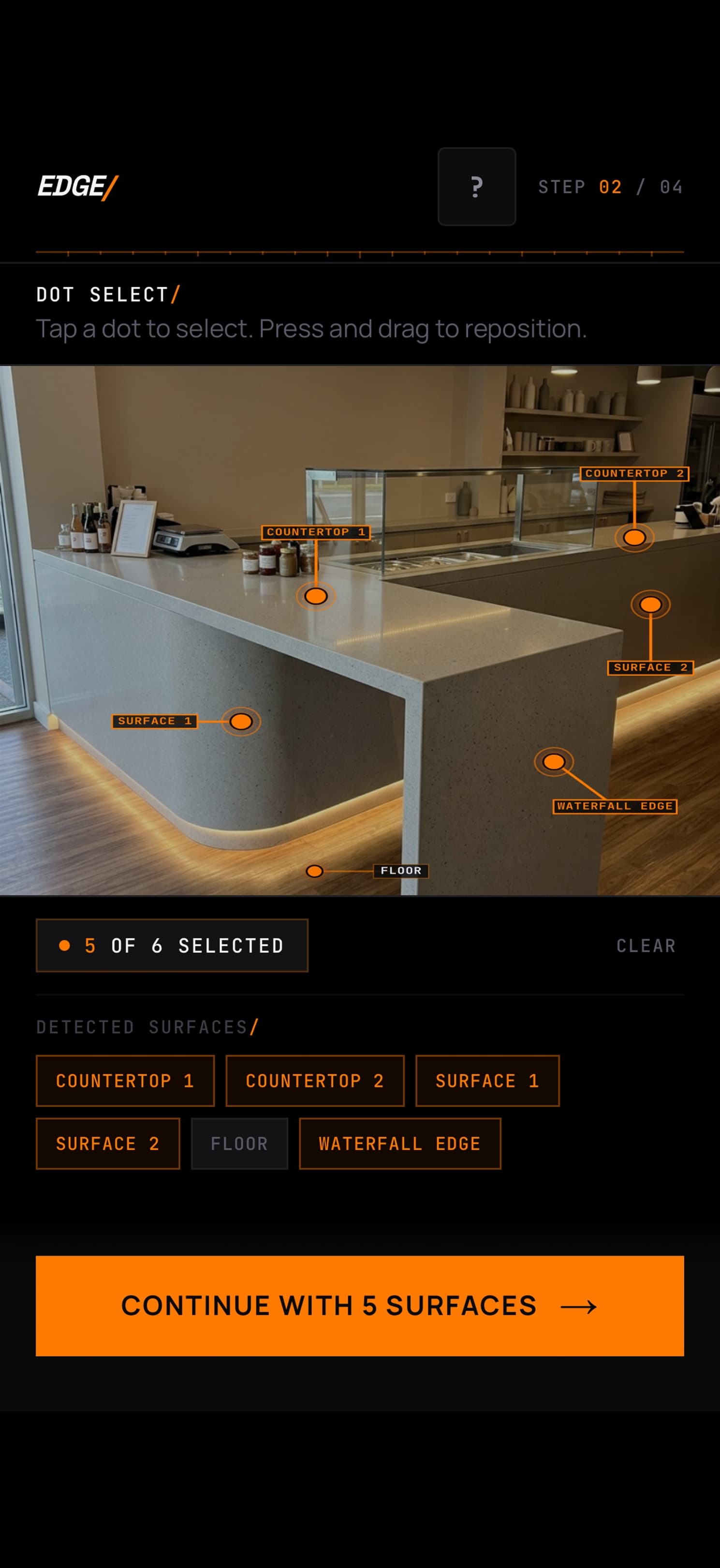 EDGE — five of six surfaces labelled across the kitchen bar
